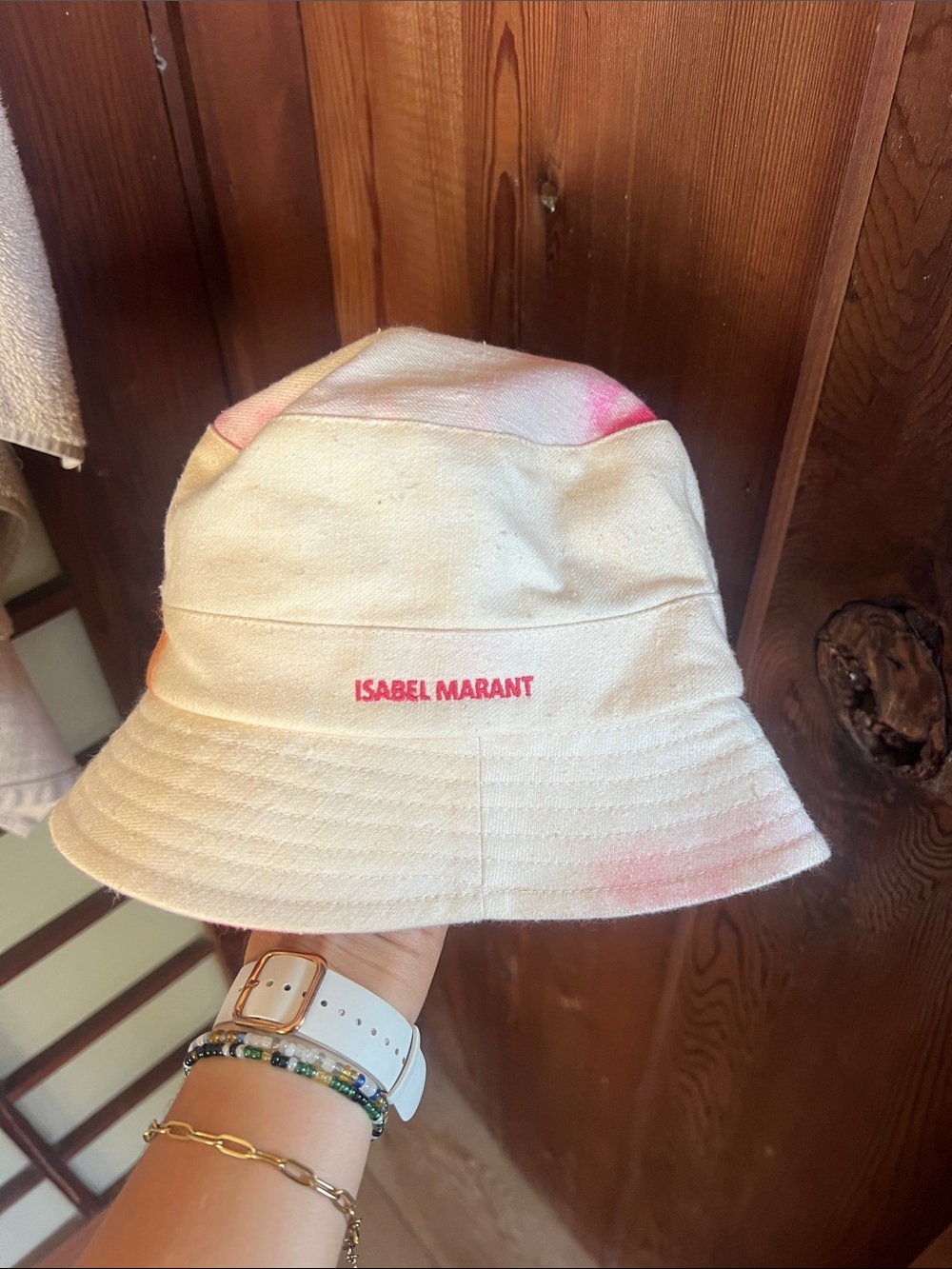 Isabel Marant Kids Cream Bucket Hat with Pink Tie-Dye Accents